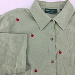 Lemon Grass large Green Embroidered Apple Button Down Shirt Cottagecore